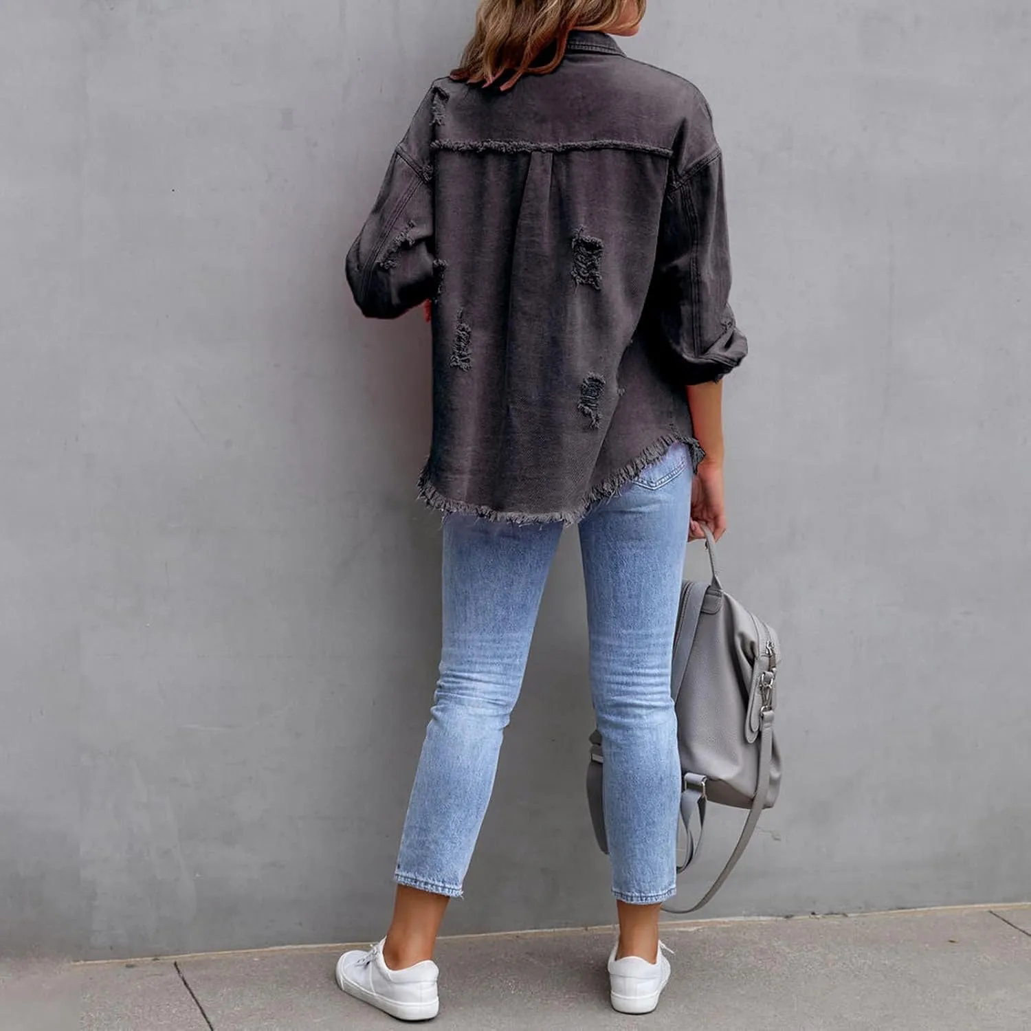 Women Ripped Distressed Denim Jacket Long Sleeve Button Down Casual Boyfriend Jean Coat E Girl Trucker Jackets