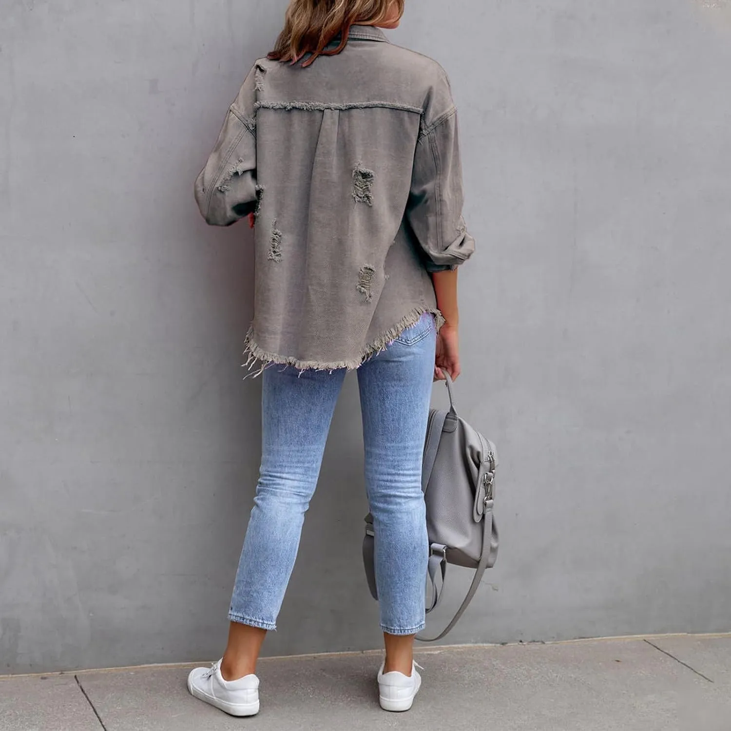 Women Ripped Distressed Denim Jacket Long Sleeve Button Down Casual Boyfriend Jean Coat E Girl Trucker Jackets