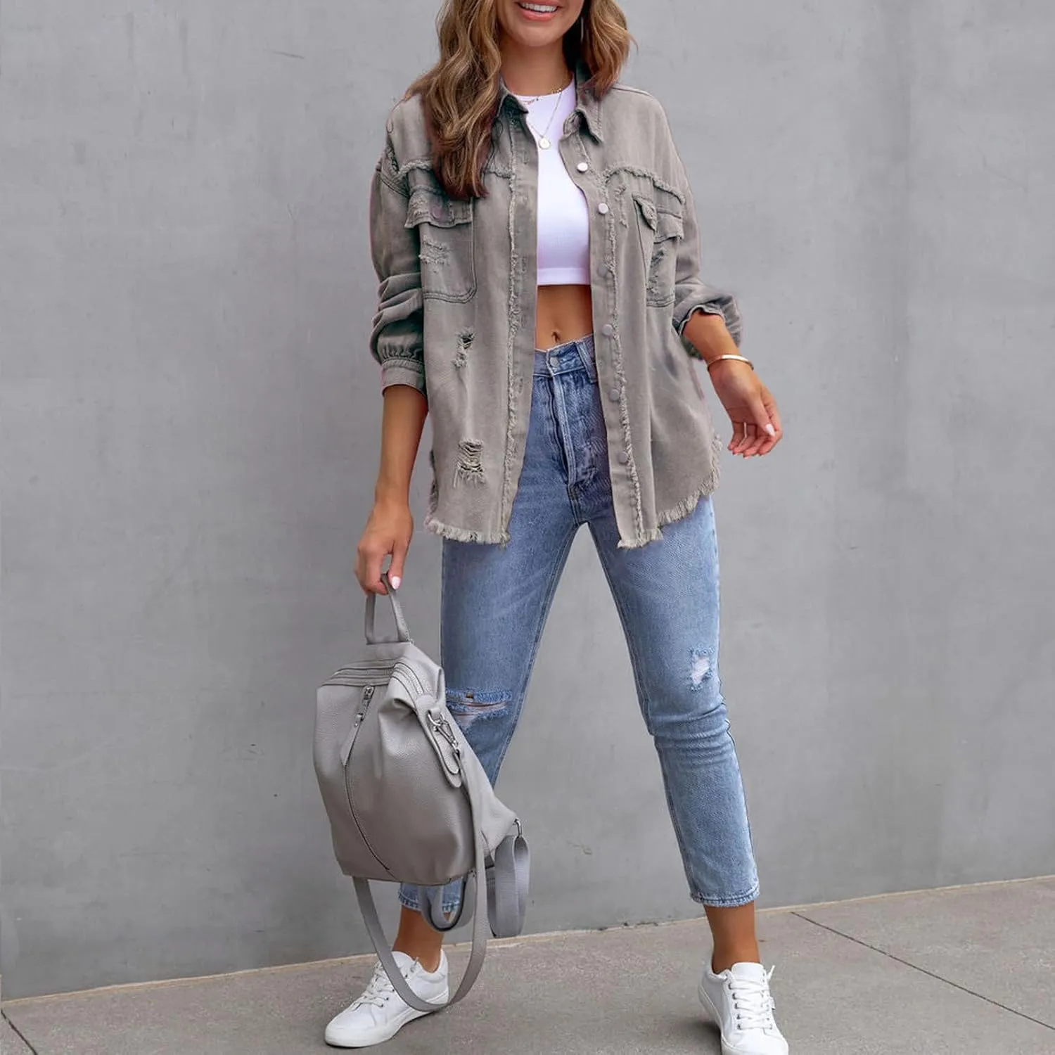 Women Ripped Distressed Denim Jacket Long Sleeve Button Down Casual Boyfriend Jean Coat E Girl Trucker Jackets