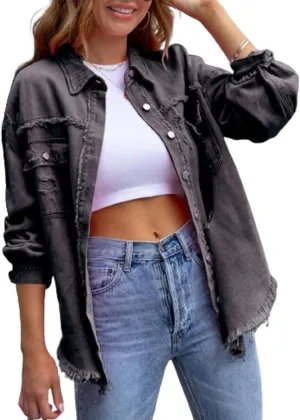 Women Ripped Distressed Denim Jacket Long Sleeve Button Down Casual Boyfriend Jean Coat E Girl Trucker Jackets