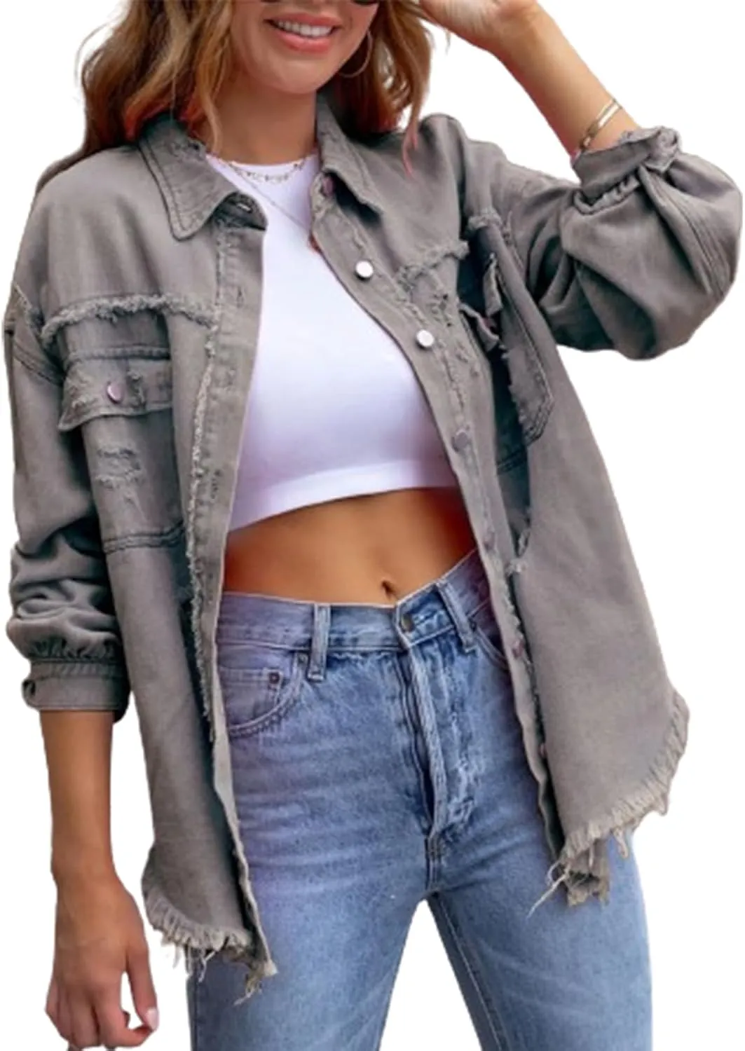 Women Ripped Distressed Denim Jacket Long Sleeve Button Down Casual Boyfriend Jean Coat E Girl Trucker Jackets