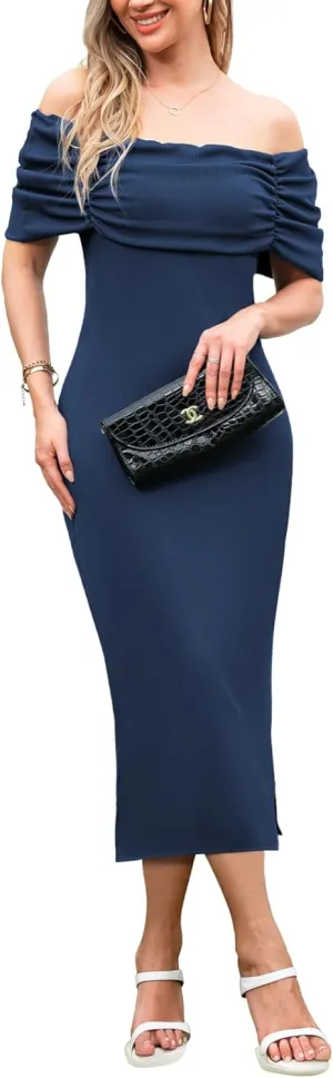 Women Sexy Bodycon Dress Off Shoulder Short Sleeve Elegant Ribbed Knit Midi Cocktail Dresses