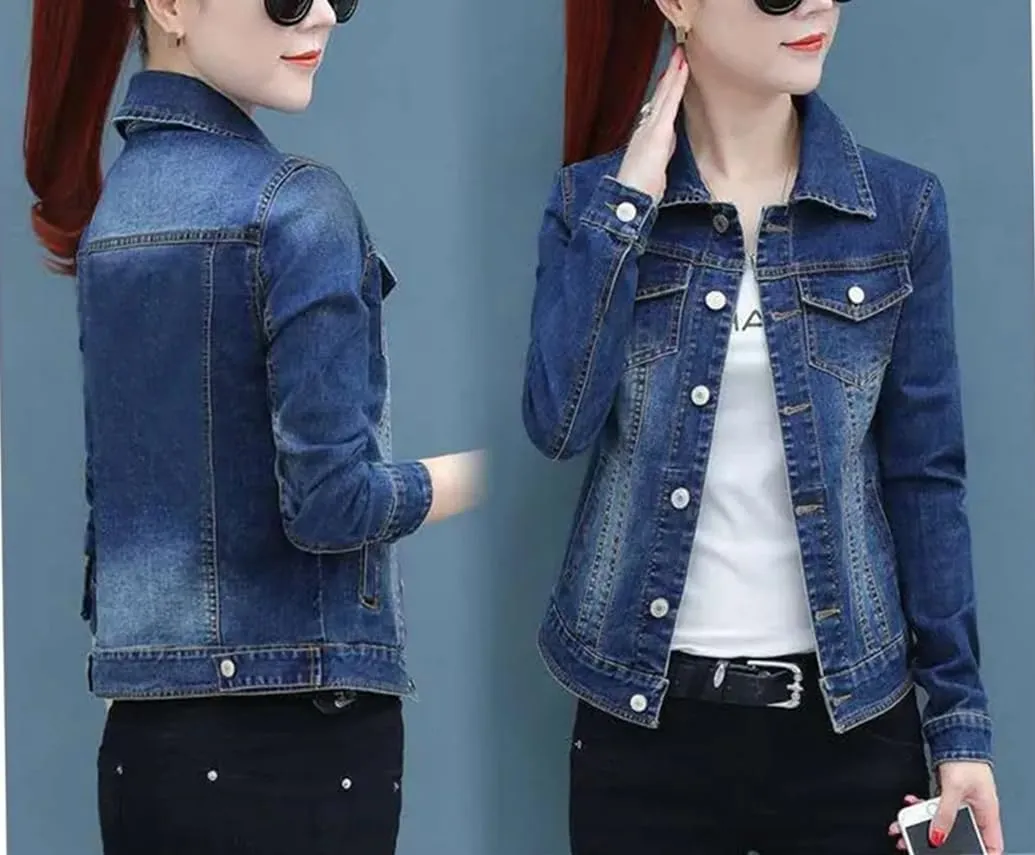 Women Short Denim Jackets Coat Wash Long Sleeve Vintage Jean Jacket Bomber Denim Coat
