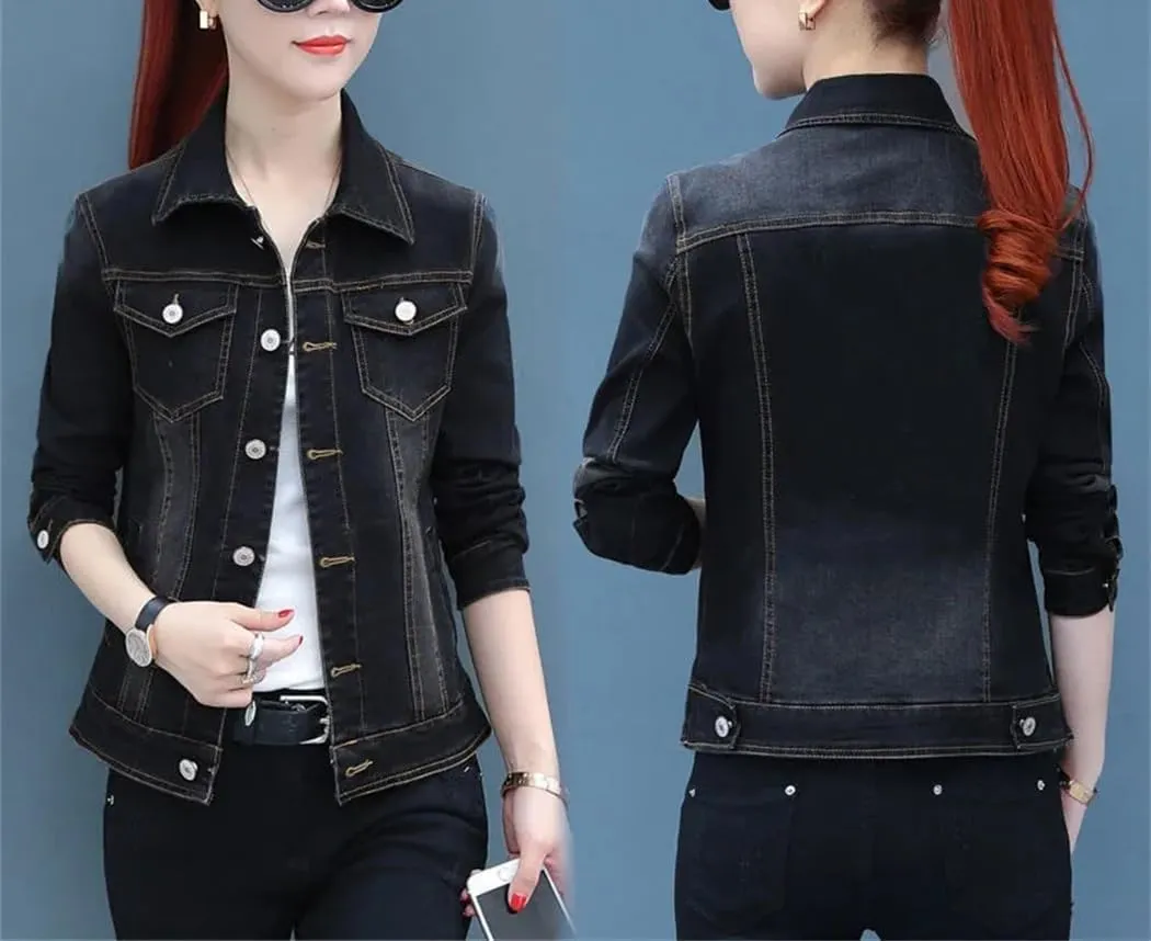 Women Short Denim Jackets Coat Wash Long Sleeve Vintage Jean Jacket Bomber Denim Coat
