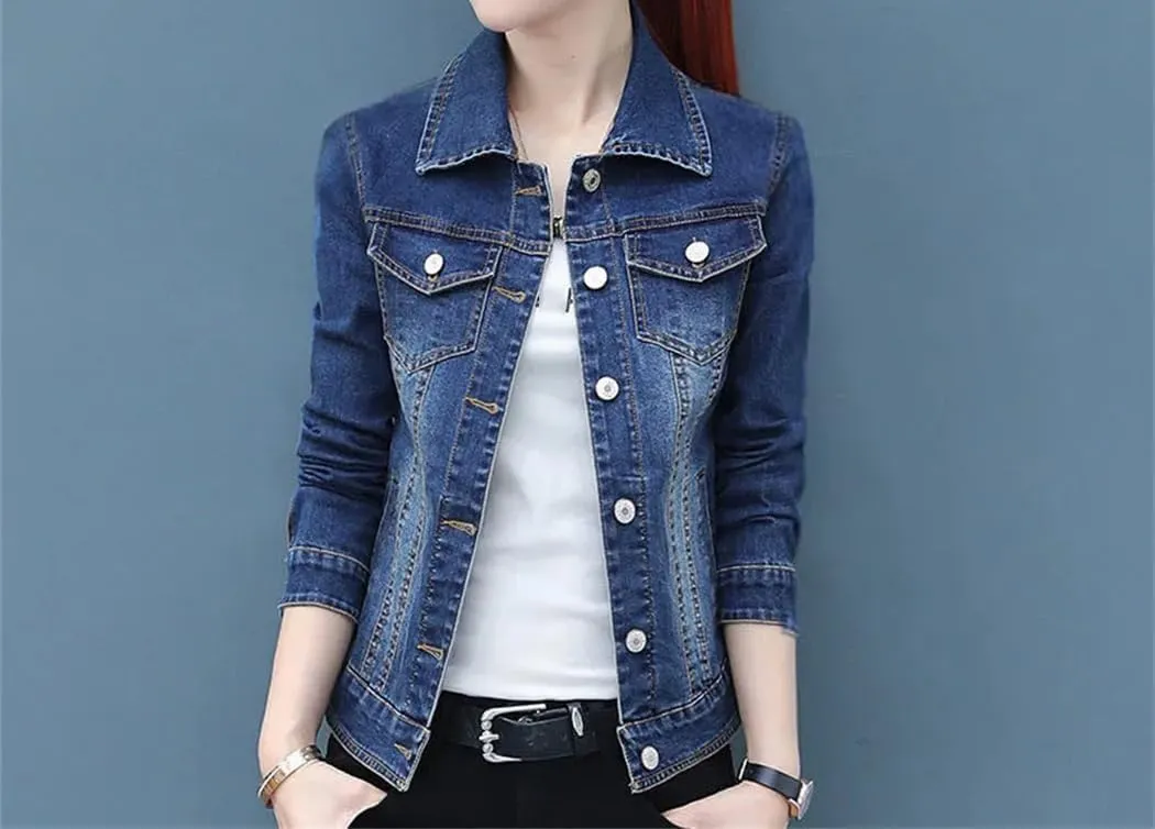 Women Short Denim Jackets Coat Wash Long Sleeve Vintage Jean Jacket Bomber Denim Coat