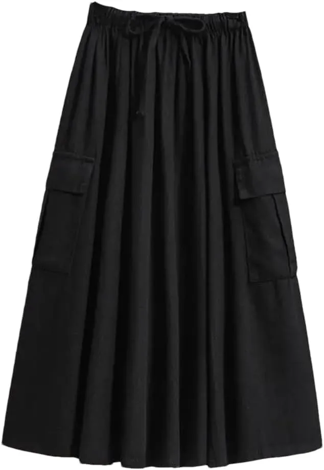 Women Summer Cotton Casual Solid Color Loose Female High Waist Mid Length A-Line Skirts