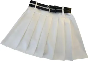 Women Summer High Waist Casual Mini Skirt Solid with Double Belt Pleated A Line Skirts