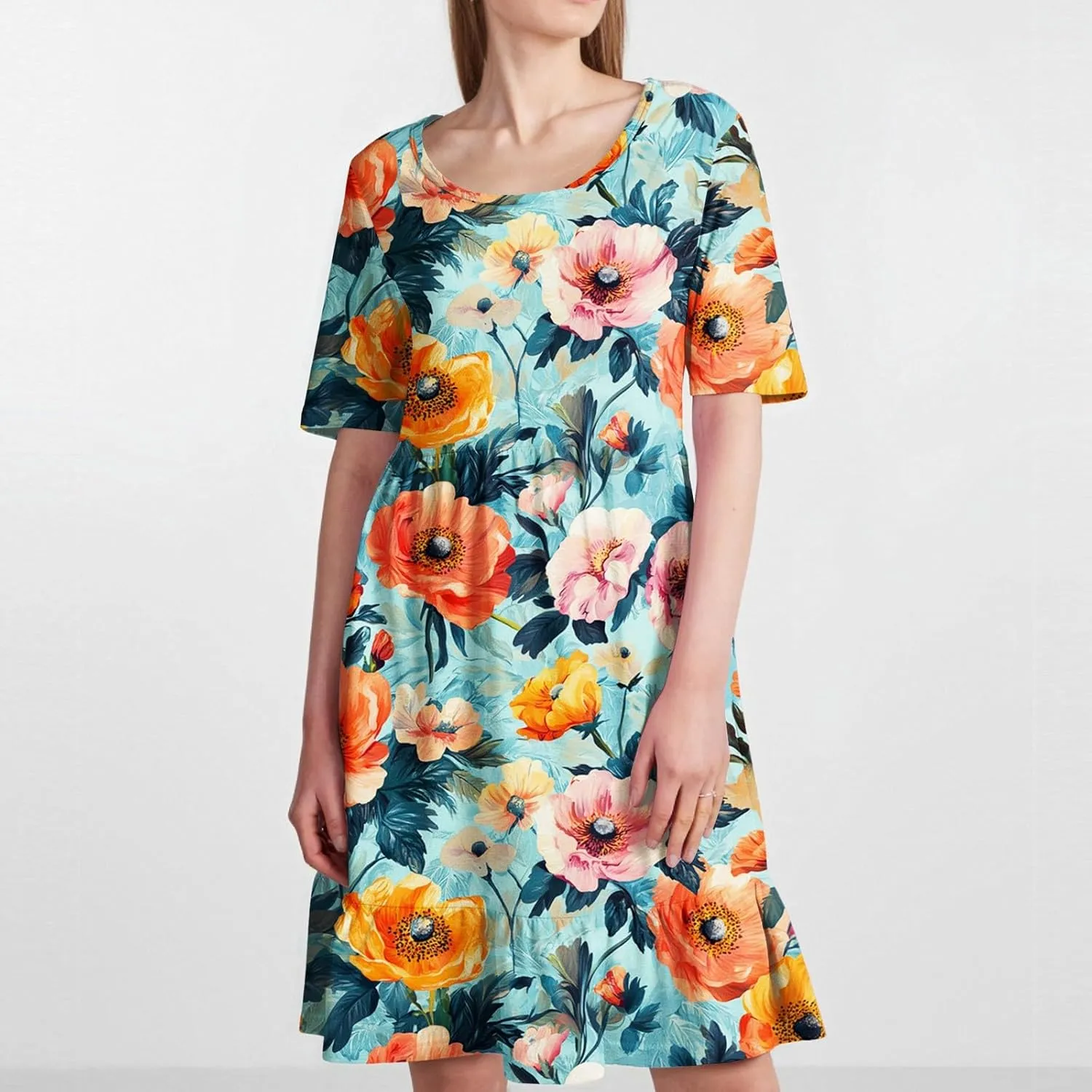 Women Summer Short Sleeve Dress Floral Printed Pleated Swing Knee Length Dresses Ruffle Hem Cocktail Party Dress