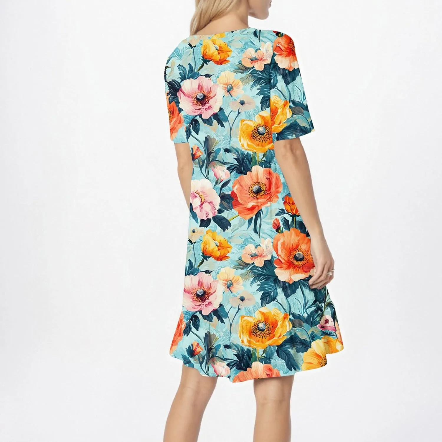 Women Summer Short Sleeve Dress Floral Printed Pleated Swing Knee Length Dresses Ruffle Hem Cocktail Party Dress