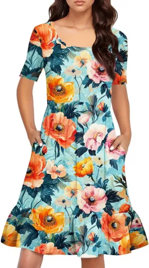 Women Summer Short Sleeve Dress Floral Printed Pleated Swing Knee Length Dresses Ruffle Hem Cocktail Party Dress