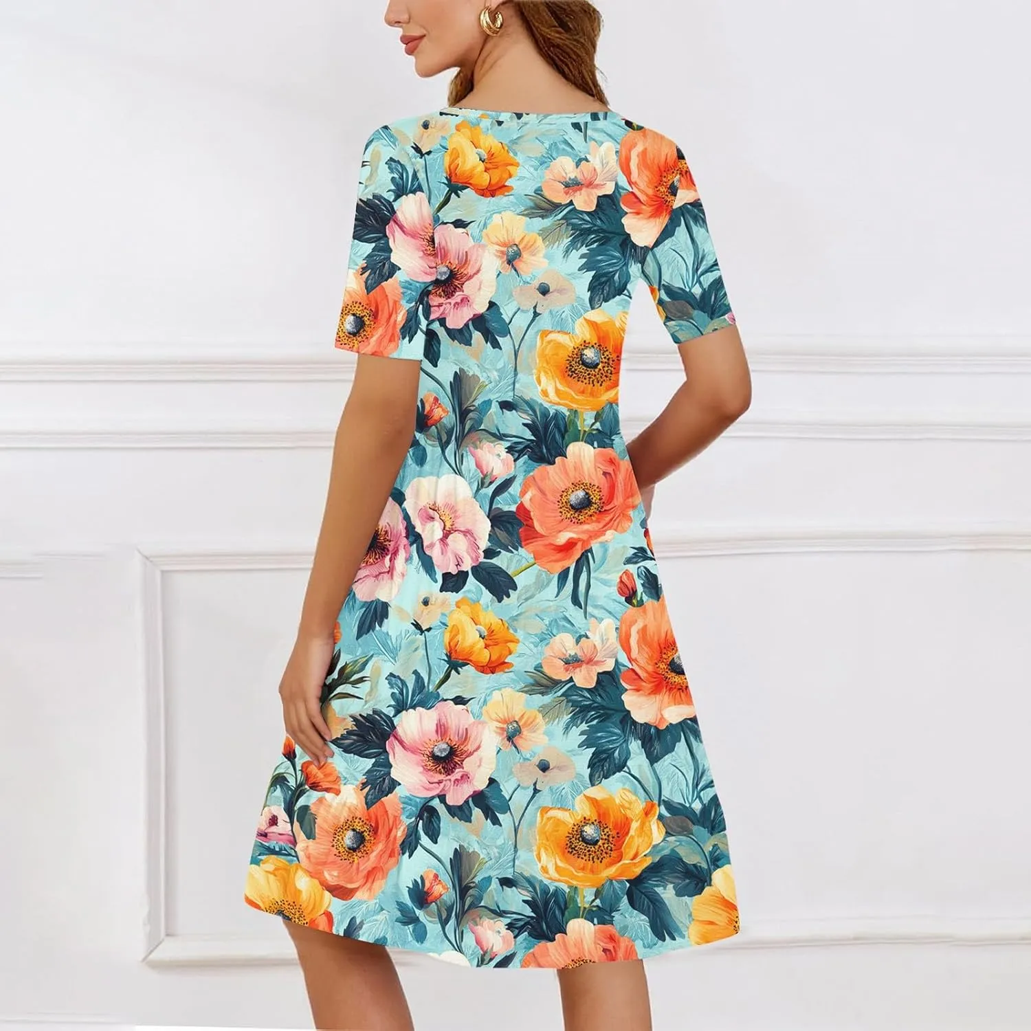 Women Summer Short Sleeve Dress Floral Printed Pleated Swing Knee Length Dresses Ruffle Hem Cocktail Party Dress
