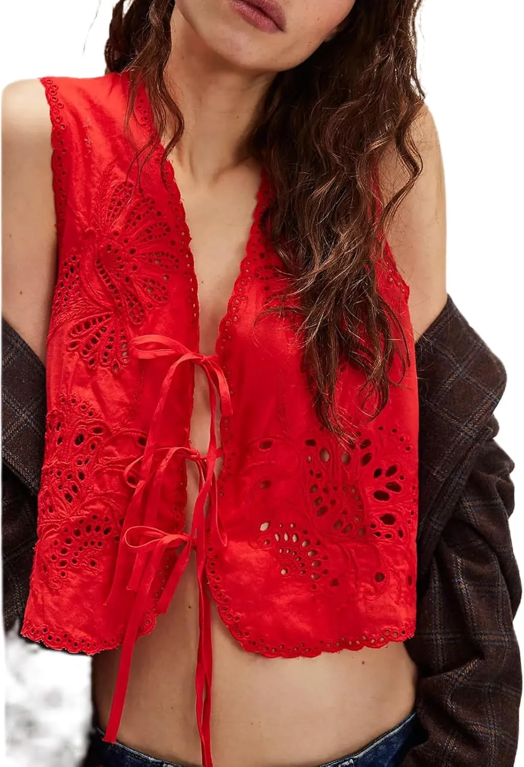 Women Tie Front Vest Floral Eyelet Embroidered Tank Y2K Sleeveless V Neck Crop Shirt Top Cute Going Out Tops