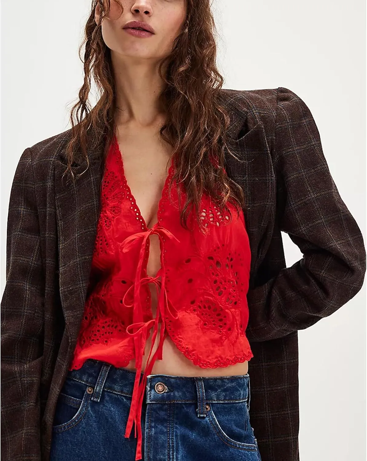 Women Tie Front Vest Floral Eyelet Embroidered Tank Y2K Sleeveless V Neck Crop Shirt Top Cute Going Out Tops