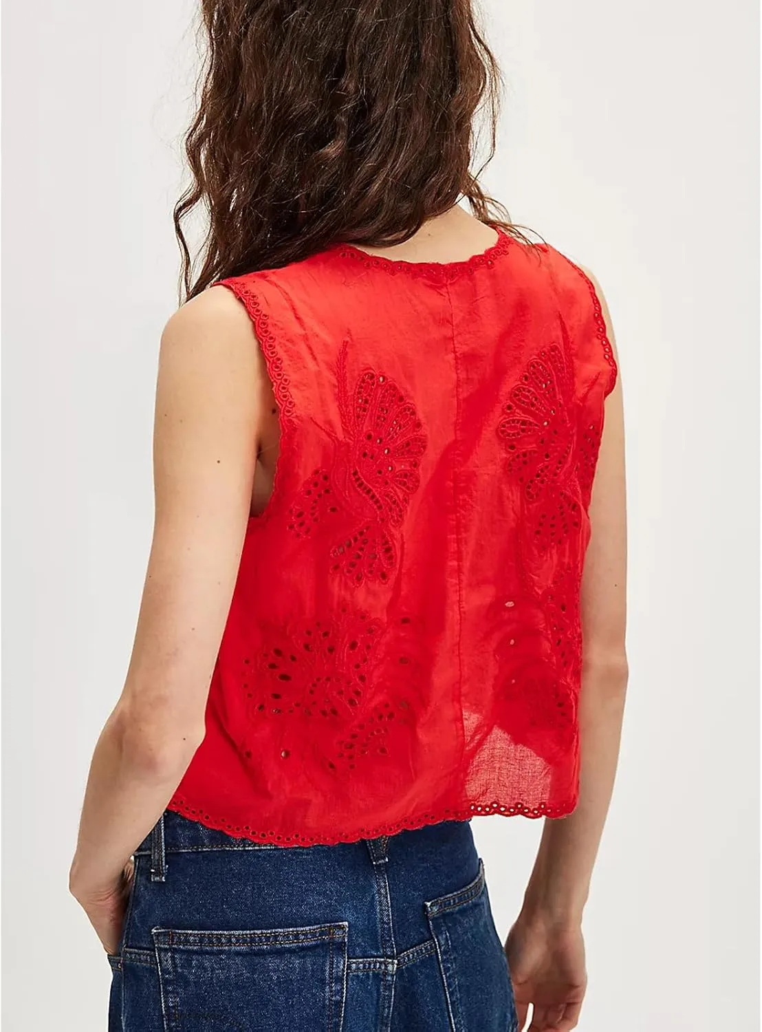 Women Tie Front Vest Floral Eyelet Embroidered Tank Y2K Sleeveless V Neck Crop Shirt Top Cute Going Out Tops