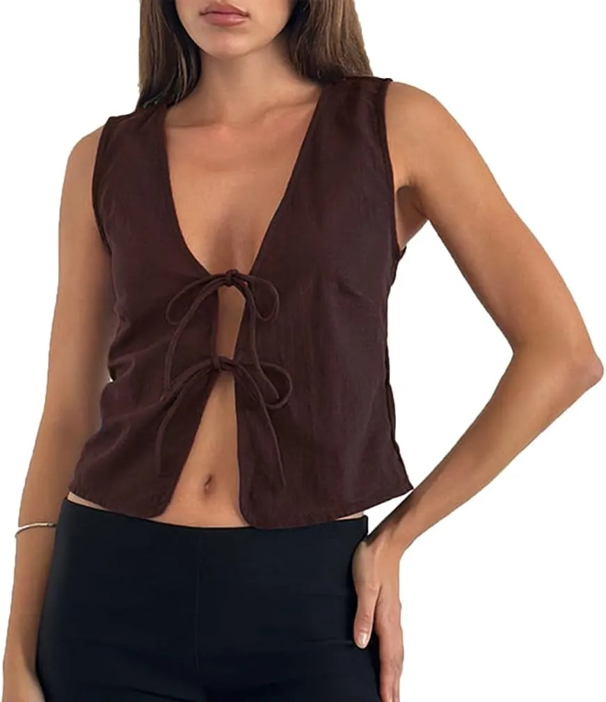 Women Trendy V Neck Bow Tie Front Top Vests Casual Solid Sleeveless Open Front Lace Up Cropped Tanks Y2k Outfits
