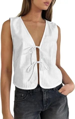 Women Trendy V Neck Bow Tie Front Top Vests Casual Solid Sleeveless Open Front Lace Up Cropped Tanks Y2k Outfits