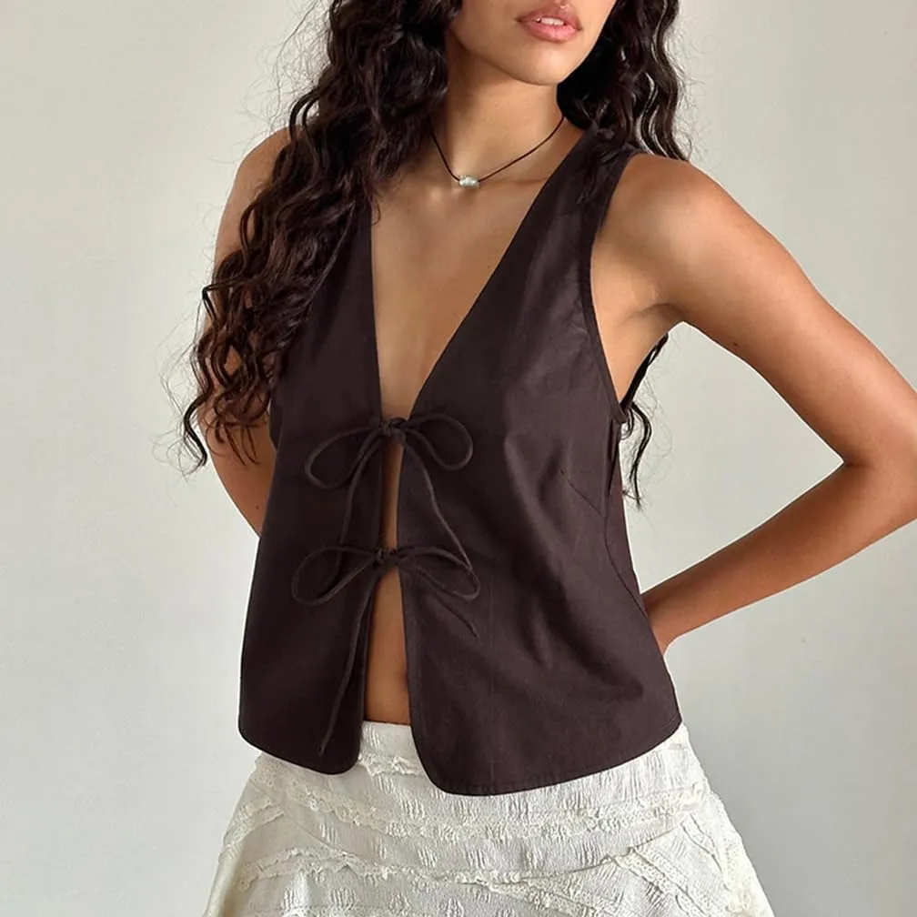 Women Trendy V Neck Bow Tie Front Top Vests Casual Solid Sleeveless Open Front Lace Up Cropped Tanks Y2k Outfits