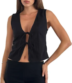 Women Trendy V Neck Bow Tie Front Top Vests Casual Solid Sleeveless Open Front Lace Up Cropped Tanks Y2k Outfits
