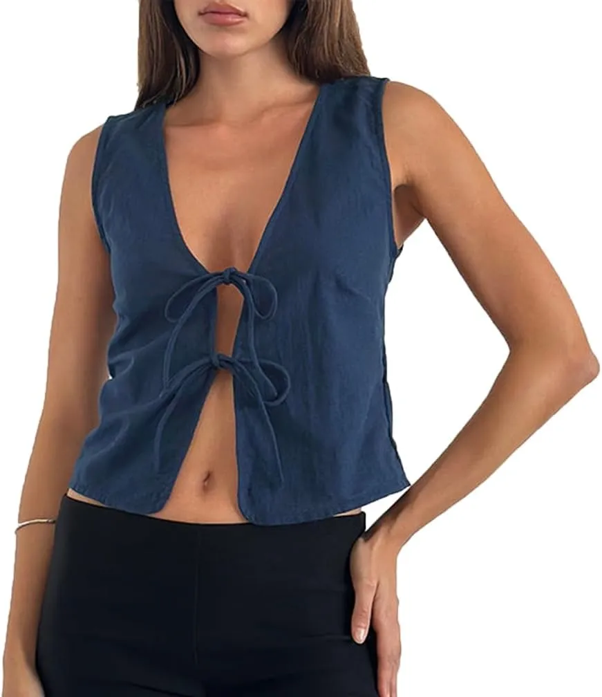 Women Trendy V Neck Bow Tie Front Top Vests Casual Solid Sleeveless Open Front Lace Up Cropped Tanks Y2k Outfits