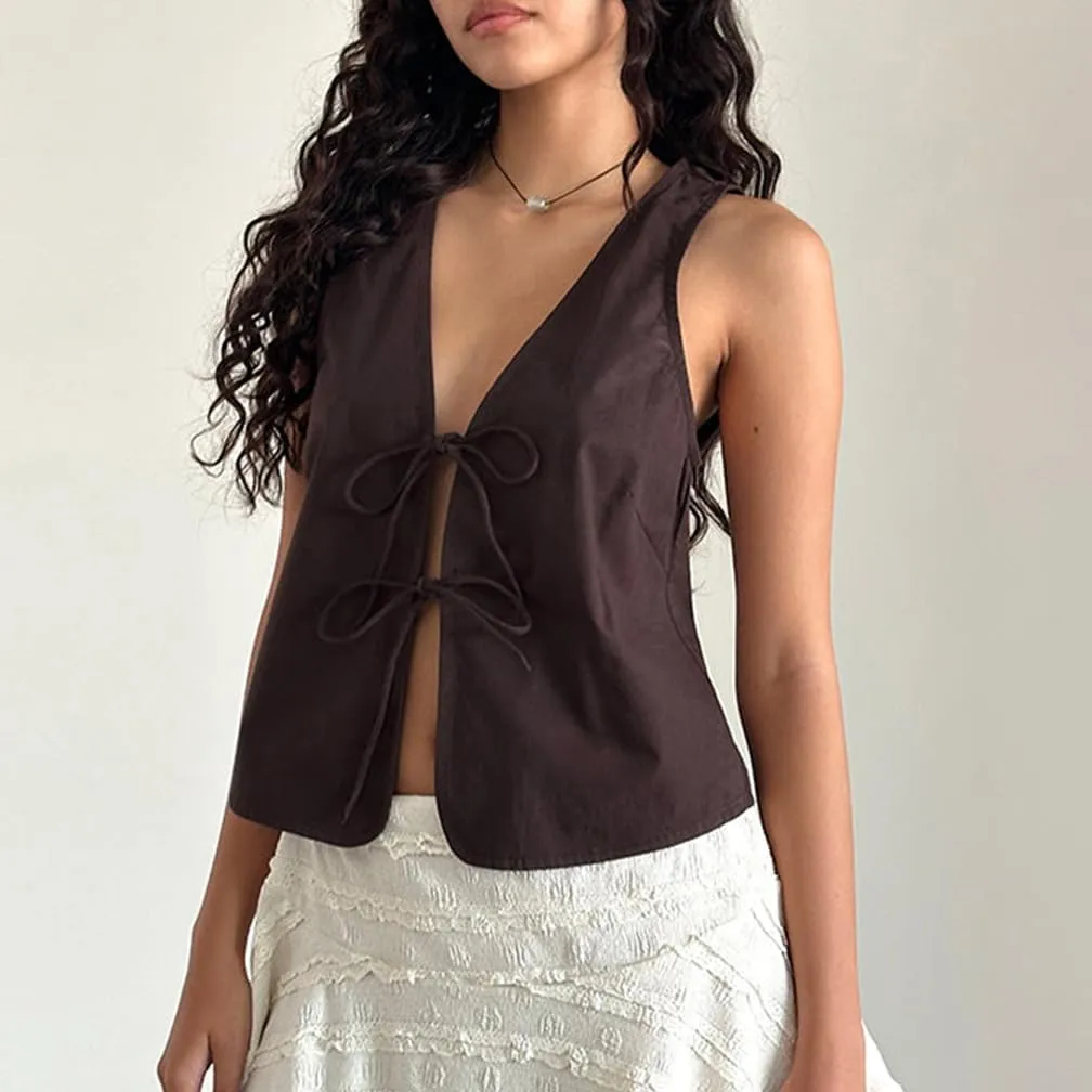 Women Trendy V Neck Bow Tie Front Top Vests Casual Solid Sleeveless Open Front Lace Up Cropped Tanks Y2k Outfits