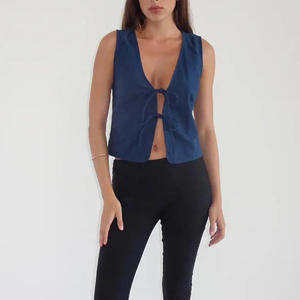 Women Trendy V Neck Bow Tie Front Top Vests Casual Solid Sleeveless Open Front Lace Up Cropped Tanks Y2k Outfits