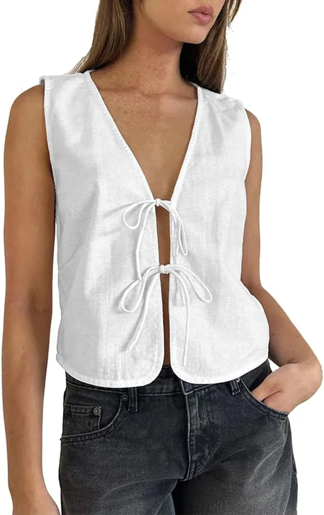 Women Trendy V Neck Bow Tie Front Top Vests Casual Solid Sleeveless Open Front Lace Up Cropped Tanks Y2k Outfits