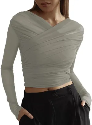 Women Trendy V Neck Sheer Mesh Ruched Crop T Shirt Slim Fit Solid Long Sleeve See Through Pleated Top Y2k Outfits