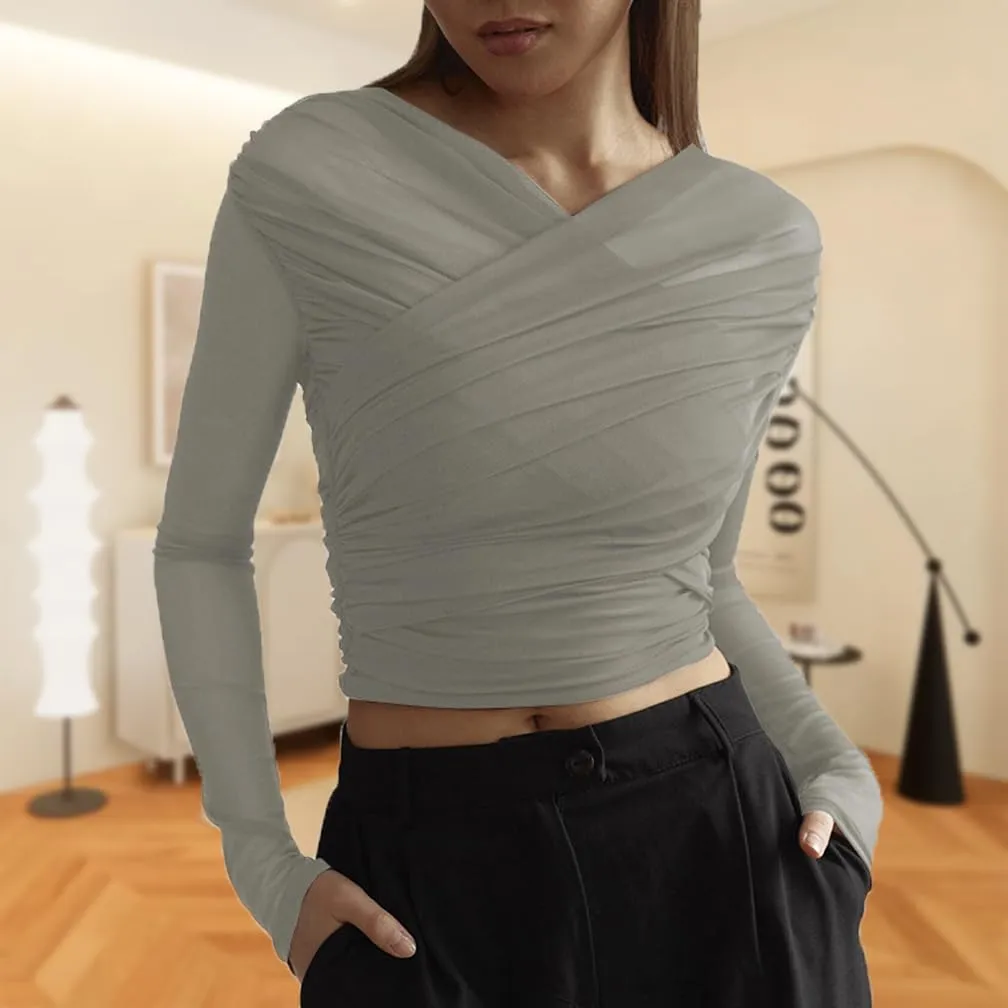 Women Trendy V Neck Sheer Mesh Ruched Crop T Shirt Slim Fit Solid Long Sleeve See Through Pleated Top Y2k Outfits