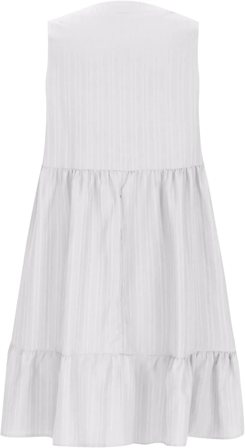 Women V-Neck Sleeveless A Line Dresses Summer Casual Loose Fit Mini Ruffle Hem Dress Lightweight Pleated Beach Sundress