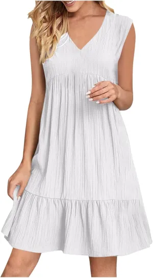 Women V-Neck Sleeveless A Line Dresses Summer Casual Loose Fit Mini Ruffle Hem Dress Lightweight Pleated Beach Sundress