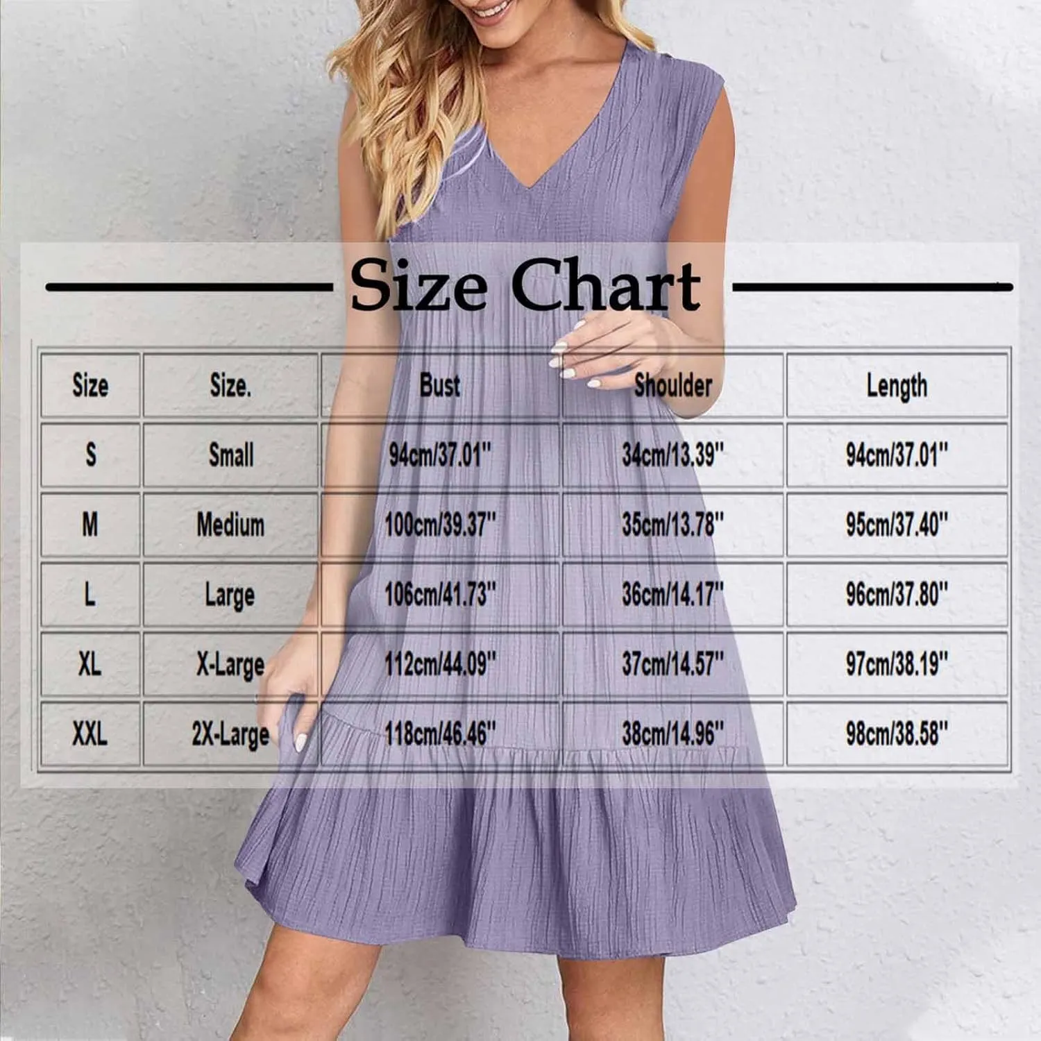 Women V-Neck Sleeveless A Line Dresses Summer Casual Loose Fit Mini Ruffle Hem Dress Lightweight Pleated Beach Sundress