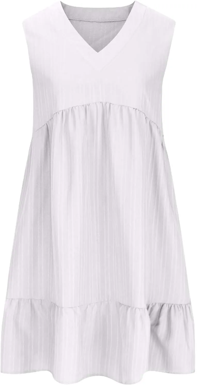 Women V-Neck Sleeveless A Line Dresses Summer Casual Loose Fit Mini Ruffle Hem Dress Lightweight Pleated Beach Sundress