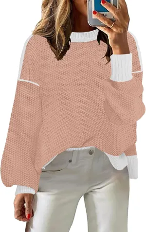 Women's 2024 Crewneck Long Sleeve Loose Oversized Chunky Knitted Pullover Sweater Jumper Tops
