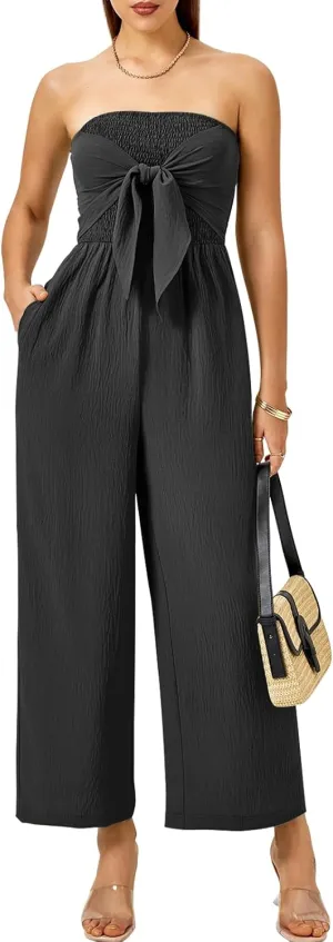 Womens 2024 Summer Casual Strapless Smocked Jumpsuit Outfits Off Shoulder Wide Leg Jumpsuits With Pockets