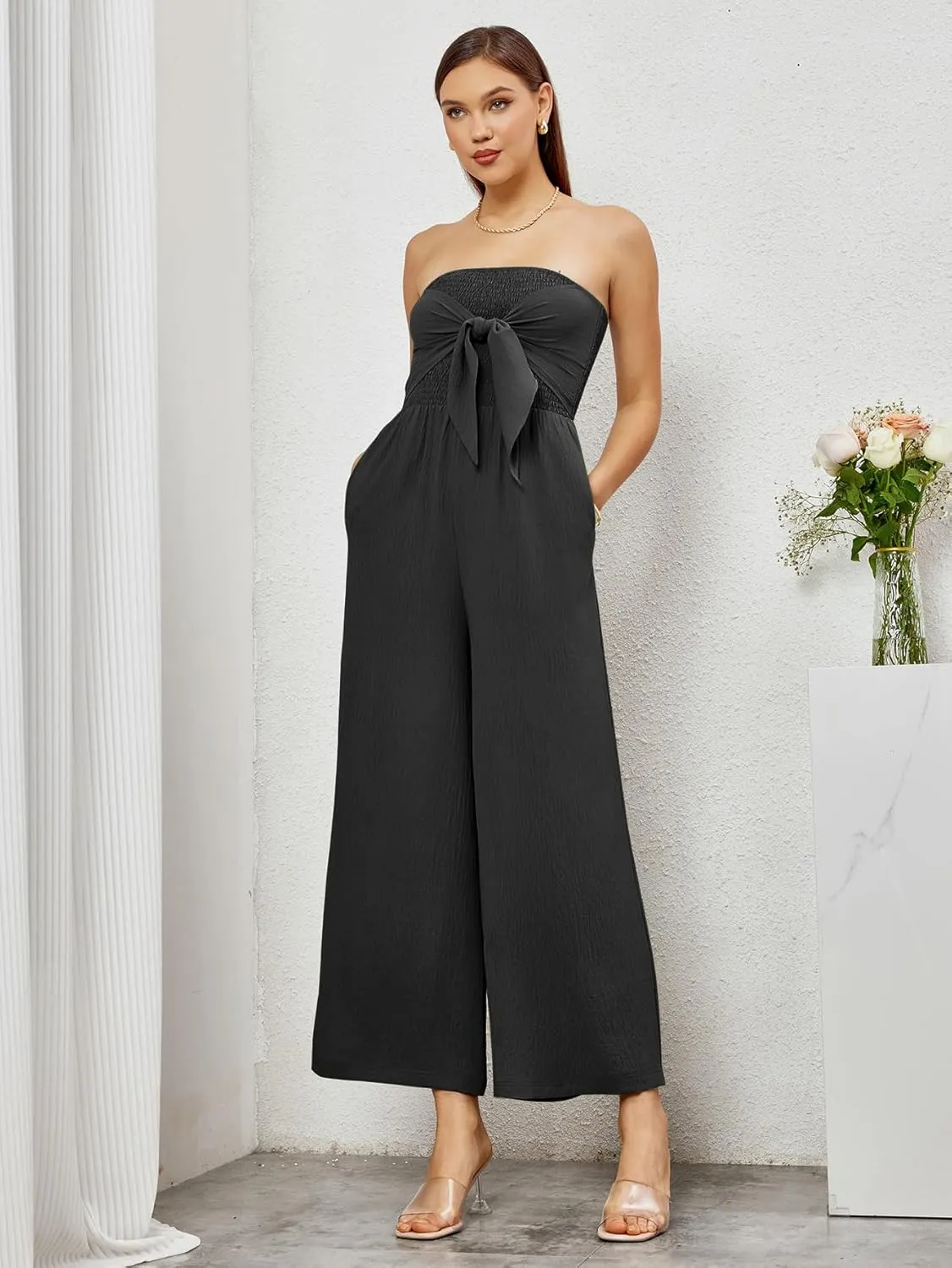 Womens 2024 Summer Casual Strapless Smocked Jumpsuit Outfits Off Shoulder Wide Leg Jumpsuits With Pockets