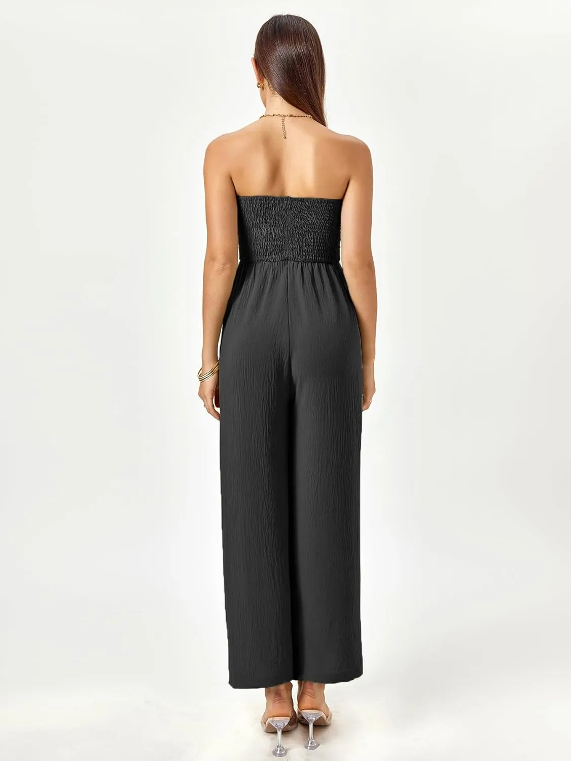 Womens 2024 Summer Casual Strapless Smocked Jumpsuit Outfits Off Shoulder Wide Leg Jumpsuits With Pockets