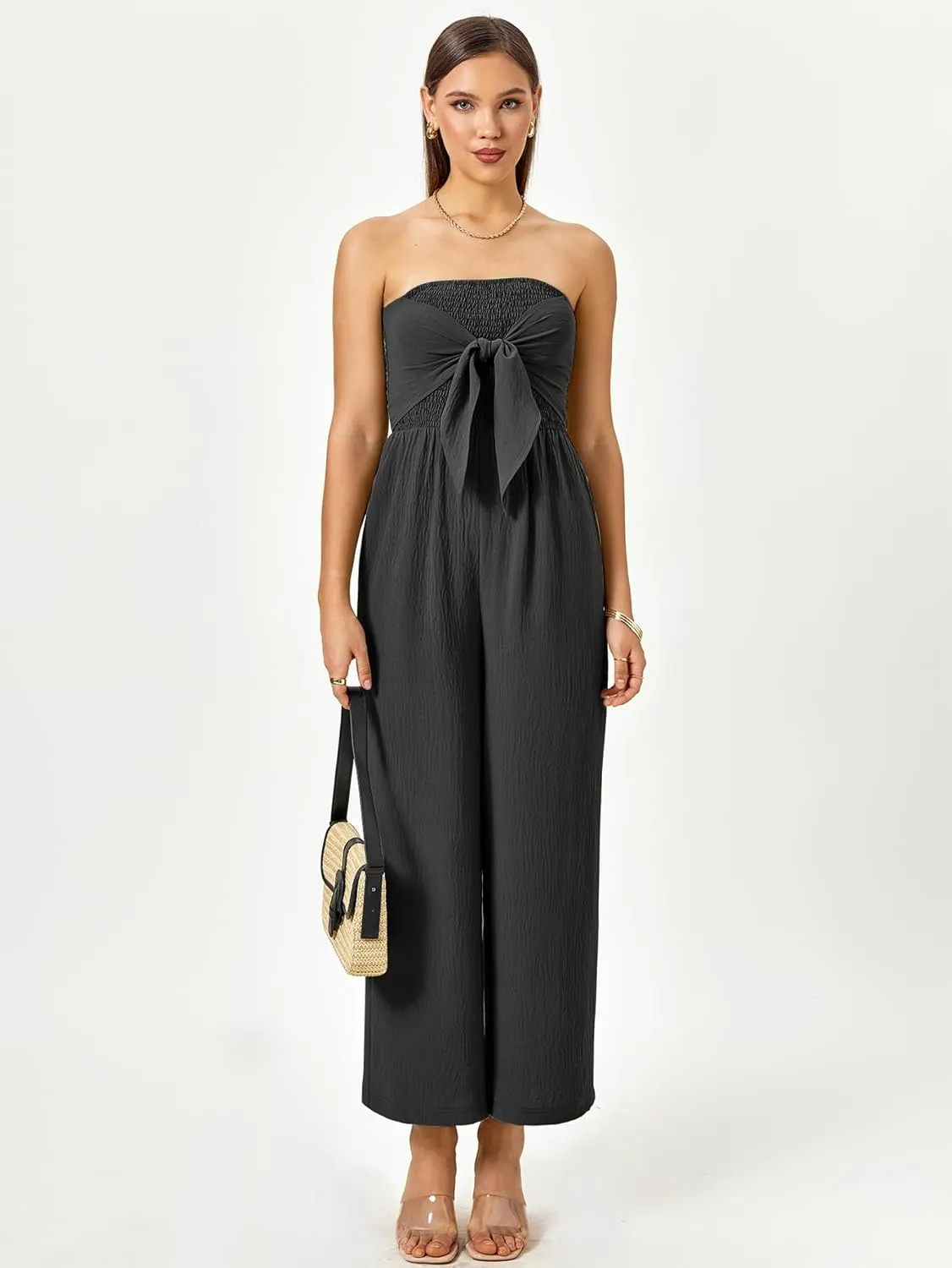 Womens 2024 Summer Casual Strapless Smocked Jumpsuit Outfits Off Shoulder Wide Leg Jumpsuits With Pockets