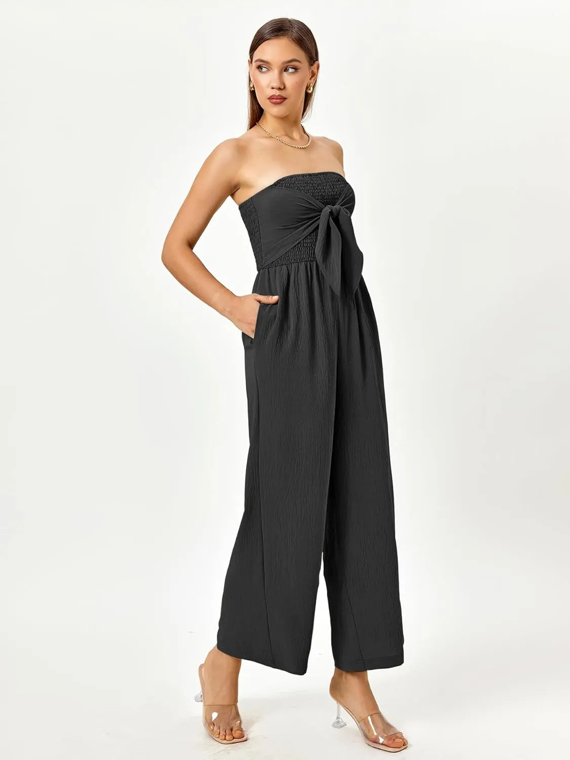 Womens 2024 Summer Casual Strapless Smocked Jumpsuit Outfits Off Shoulder Wide Leg Jumpsuits With Pockets