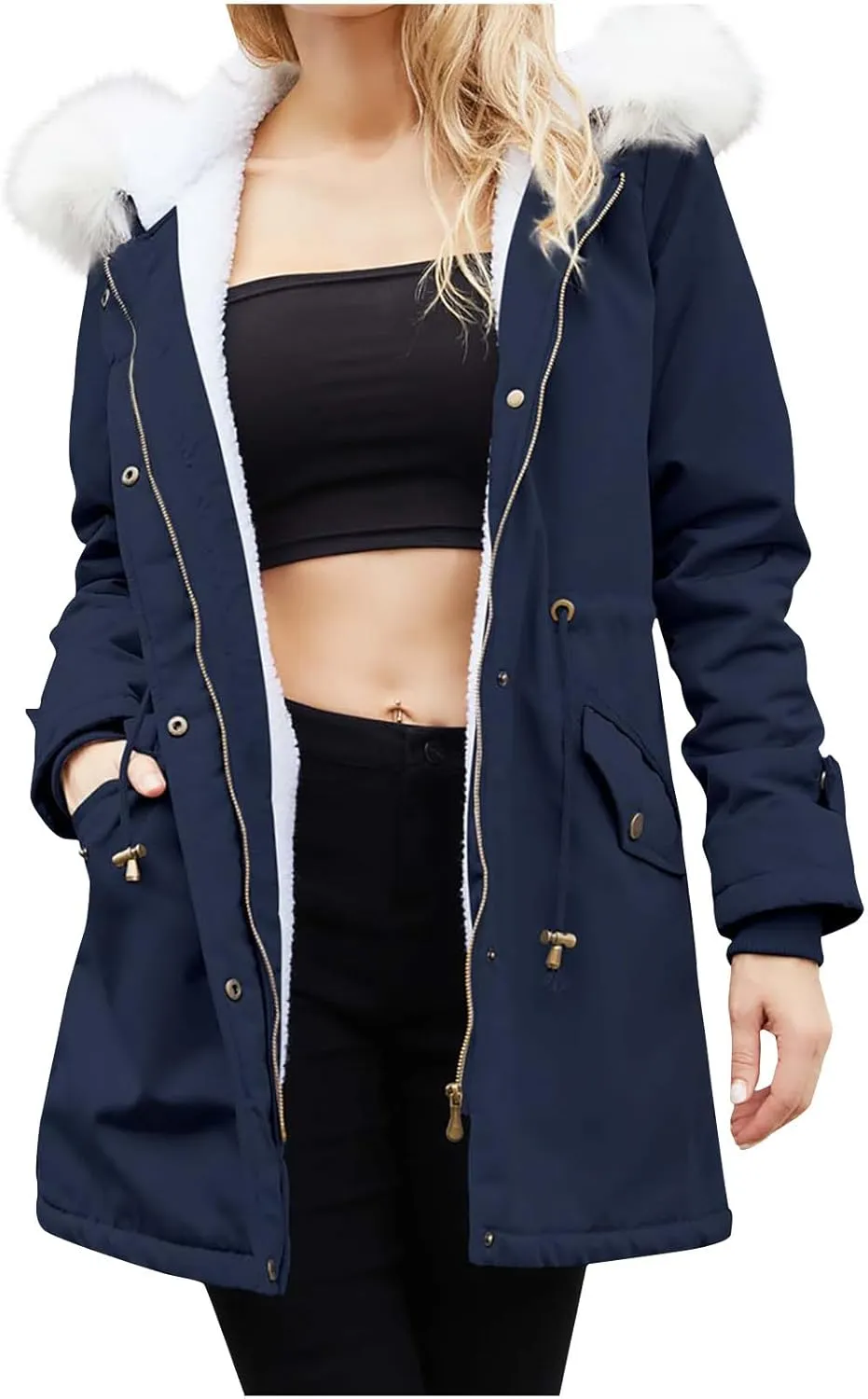 Women's 2024 Winter Warm Coats With Hood Sherpa Lined Thick Jacket Long Sleeve Fleece Outerwear With Pockets