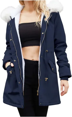 Women's 2024 Winter Warm Coats With Hood Sherpa Lined Thick Jacket Long Sleeve Fleece Outerwear With Pockets