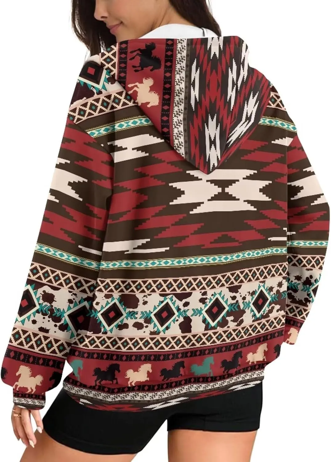Women's Aztec Print Hoodies Casual Long Sleeve Zip Up Ethnic Western Drawstring Hooded Sweatshirts with Pockets