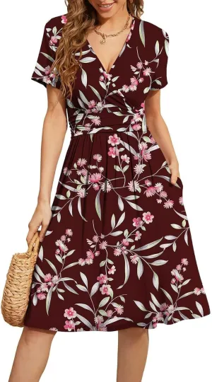Women's Blue Paisley Print Wrap V-Neck Short Sleeve Midi Dress Elegant Causal 2025 Summer Fashion Clothes