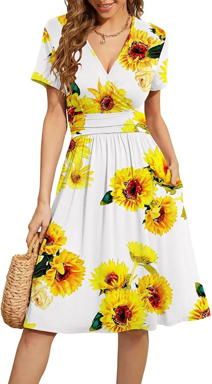 Women's Blue Paisley Print Wrap V-Neck Short Sleeve Midi Dress Elegant Causal 2025 Summer Fashion Clothes