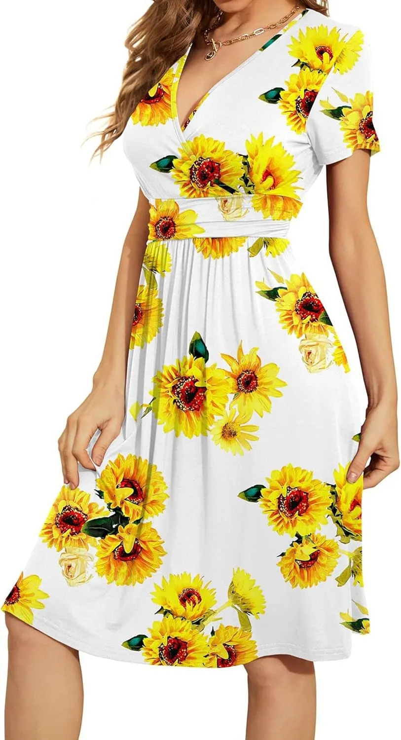 Women's Blue Paisley Print Wrap V-Neck Short Sleeve Midi Dress Elegant Causal 2025 Summer Fashion Clothes