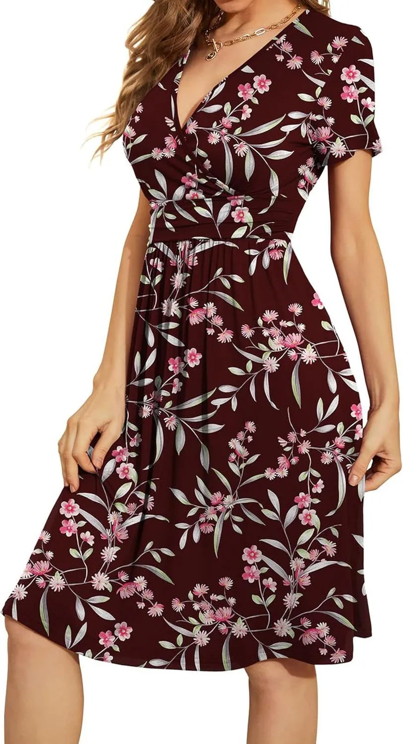 Women's Blue Paisley Print Wrap V-Neck Short Sleeve Midi Dress Elegant Causal 2025 Summer Fashion Clothes