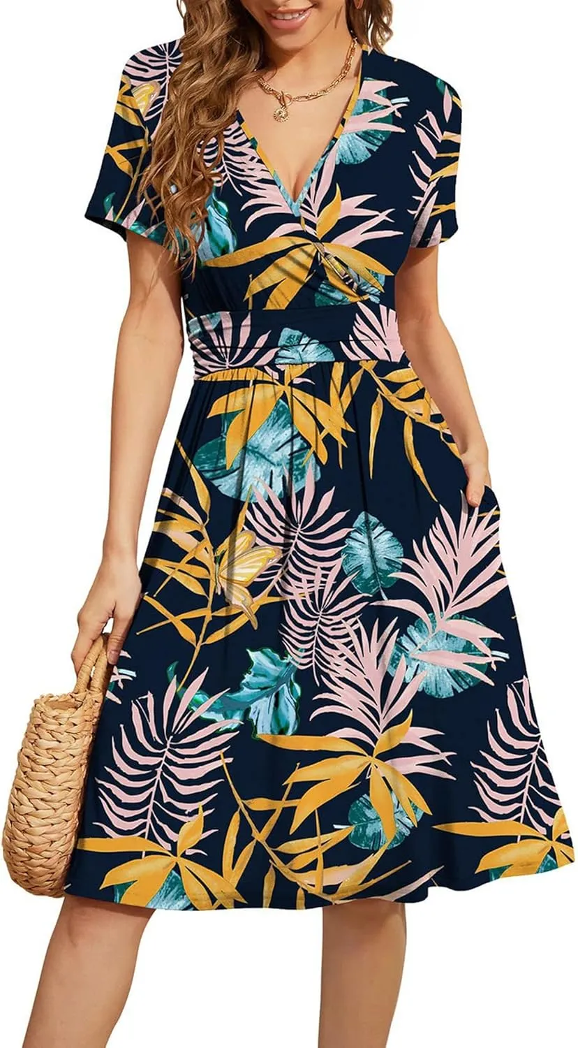 Women's Blue Paisley Print Wrap V-Neck Short Sleeve Midi Dress Elegant Causal 2025 Summer Fashion Clothes