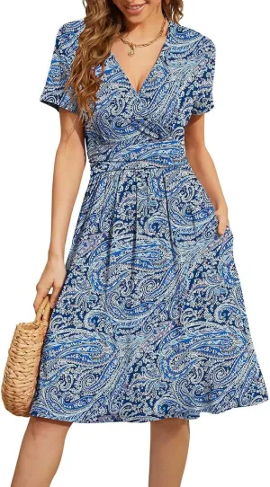 Women's Blue Paisley Print Wrap V-Neck Short Sleeve Midi Dress Elegant Causal 2025 Summer Fashion Clothes