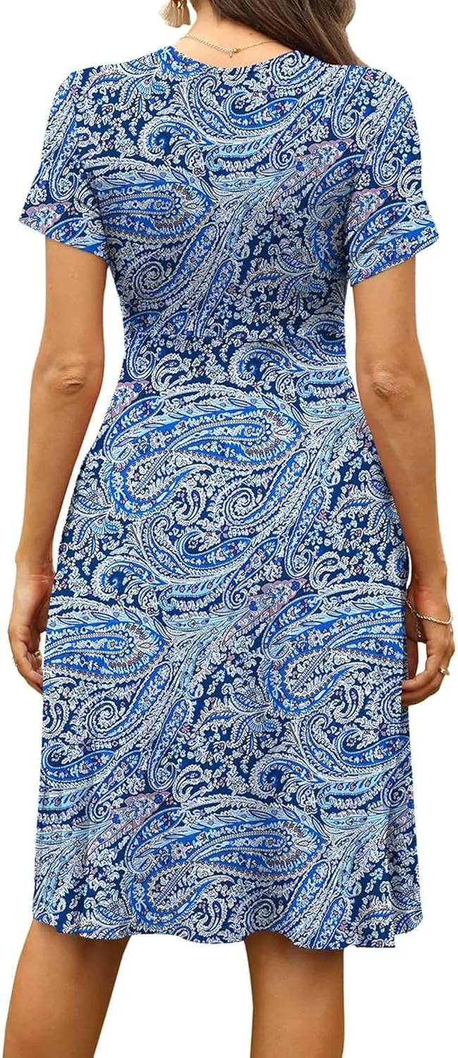 Women's Blue Paisley Print Wrap V-Neck Short Sleeve Midi Dress Elegant Causal 2025 Summer Fashion Clothes