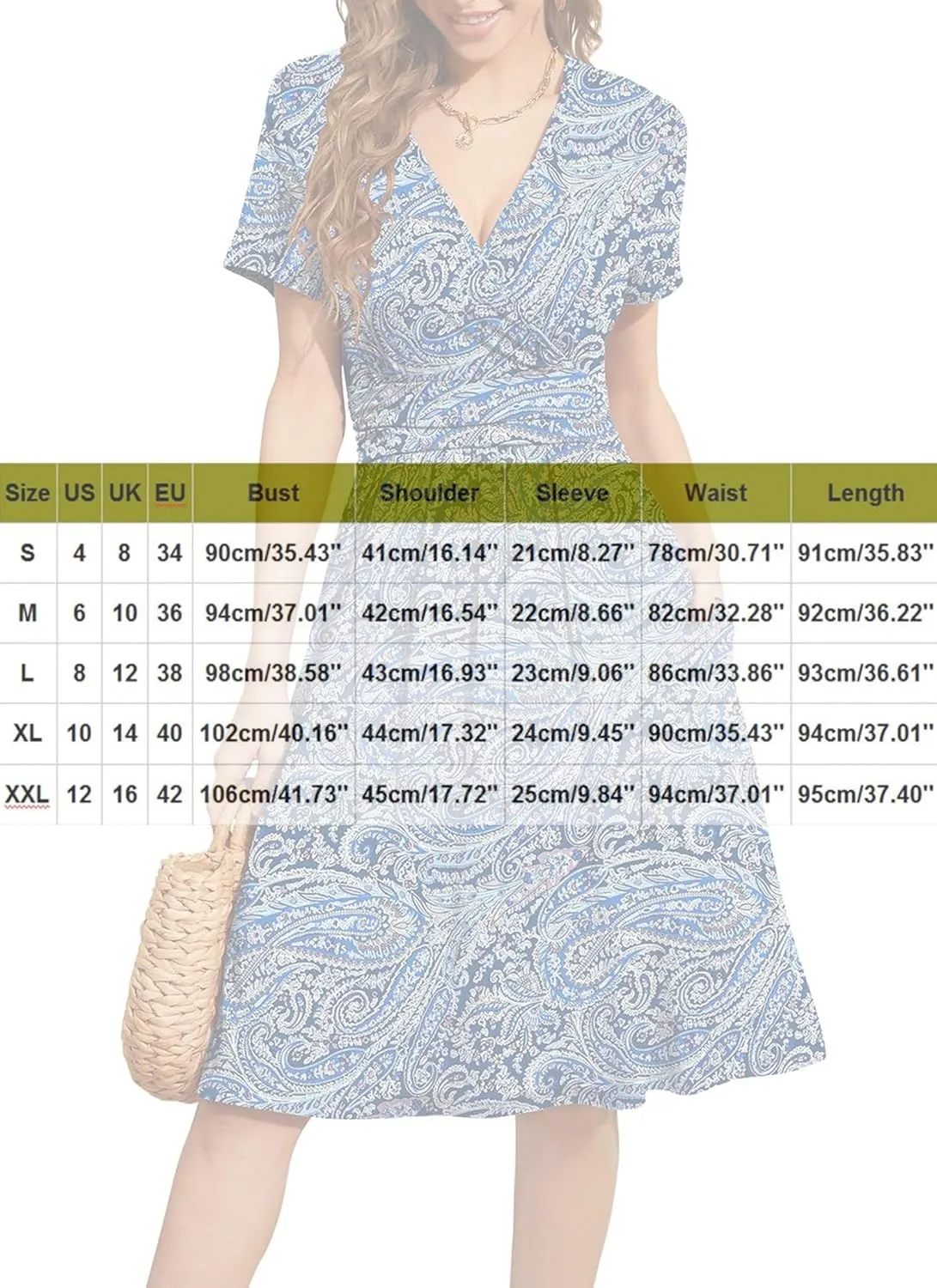 Women's Blue Paisley Print Wrap V-Neck Short Sleeve Midi Dress Elegant Causal 2025 Summer Fashion Clothes