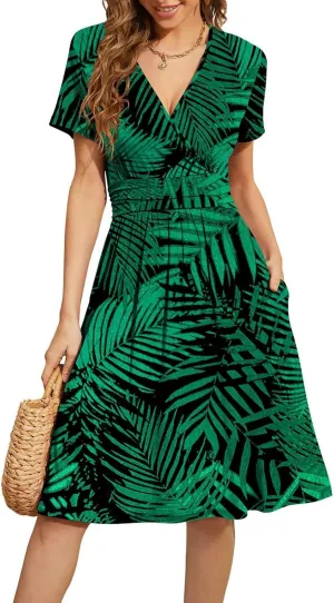 Women's Blue Paisley Print Wrap V-Neck Short Sleeve Midi Dress Elegant Causal 2025 Summer Fashion Clothes
